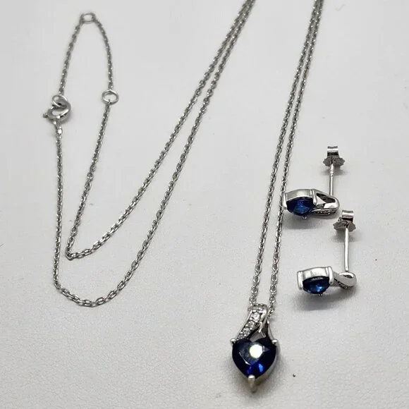 Brand New Sterling Silver 925 Blue Heart Gemstone 2pc Set - Picture 4 of 6